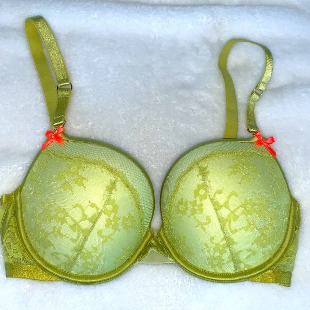 32E Victoria’s Secret Very Sexy Padded Demi Bra Yellow Green Fashion Show 32DD - Picture 2 of 10